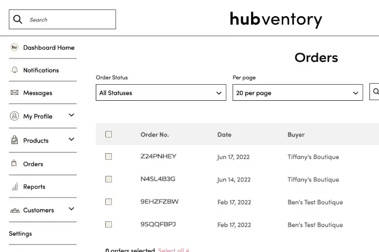 Screenshot of a boutique's order page on the dashboard